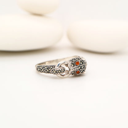 Panther ring in marcasite, carnelian and sterling silver