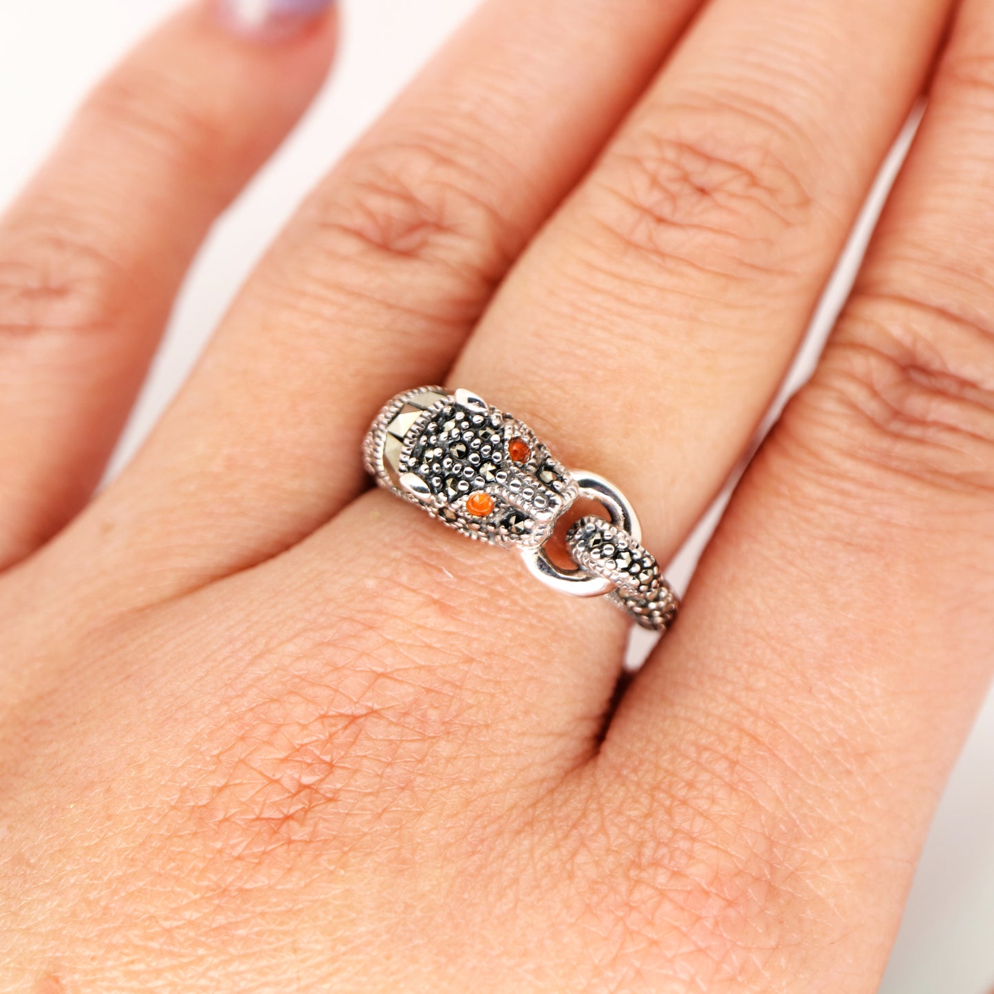 Panther ring in marcasite, carnelian and sterling silver