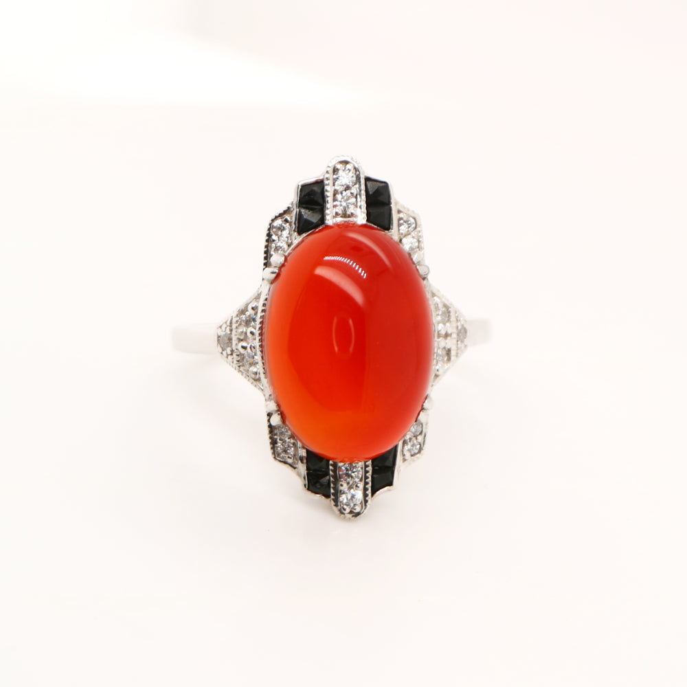 Art deco carnelian cabochon ring with cz and french cut onyx in sterling silver
