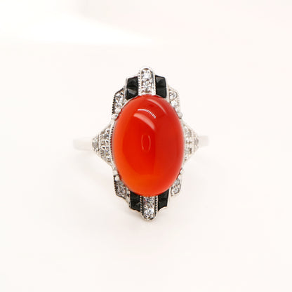 Art deco carnelian cabochon ring with cz and french cut onyx in sterling silver