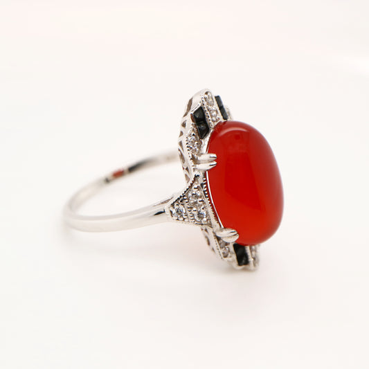 Art deco carnelian cabochon ring with cz and french cut onyx in sterling silver
