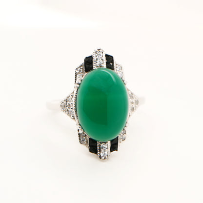 Art deco green agate cabochon ring with cz and french cut onyx in sterling silver