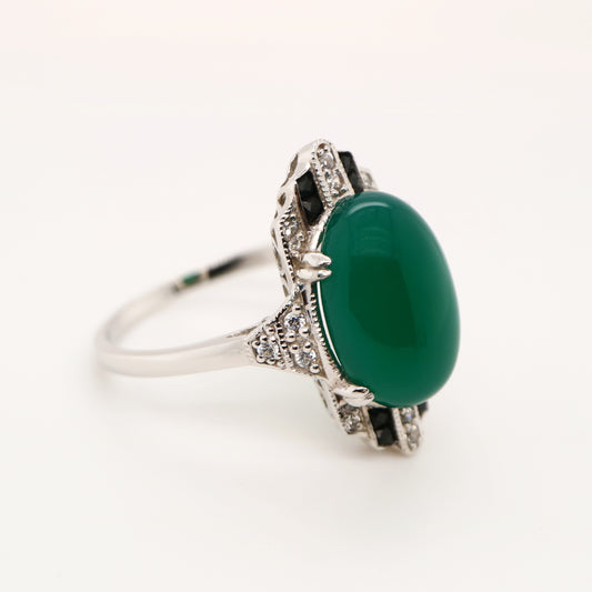 Art deco green agate cabochon ring with cz and french cut onyx in sterling silver