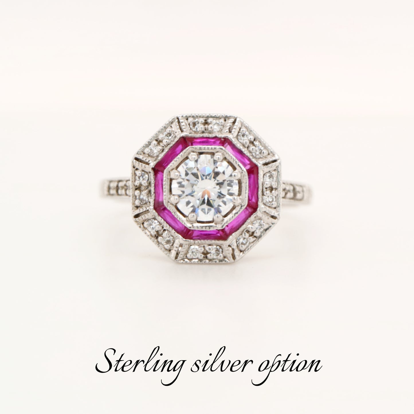 Cz with double halo of laboratory grown ruby and cz in sterling silver