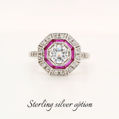 Cz with double halo of laboratory grown ruby and cz in sterling silver