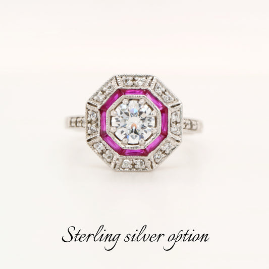 Cz with double halo of laboratory grown ruby and cz in sterling silver