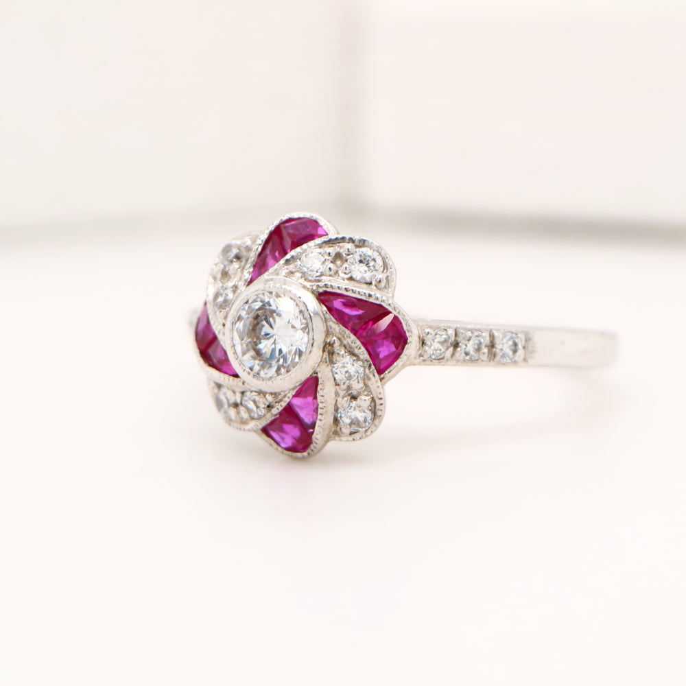 Vintage Pinwheel Ring in Sterling Silver, Ruby and CZ