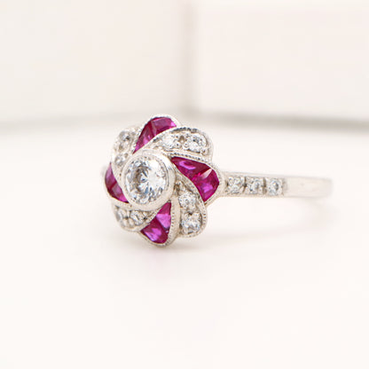 Vintage Pinwheel Ring in Sterling Silver, Ruby and CZ