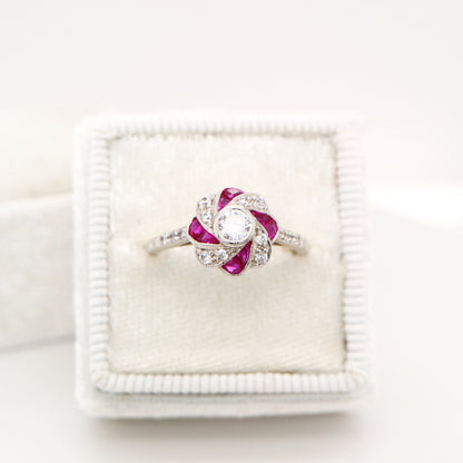 Vintage Pinwheel Ring in Sterling Silver, Ruby and CZ