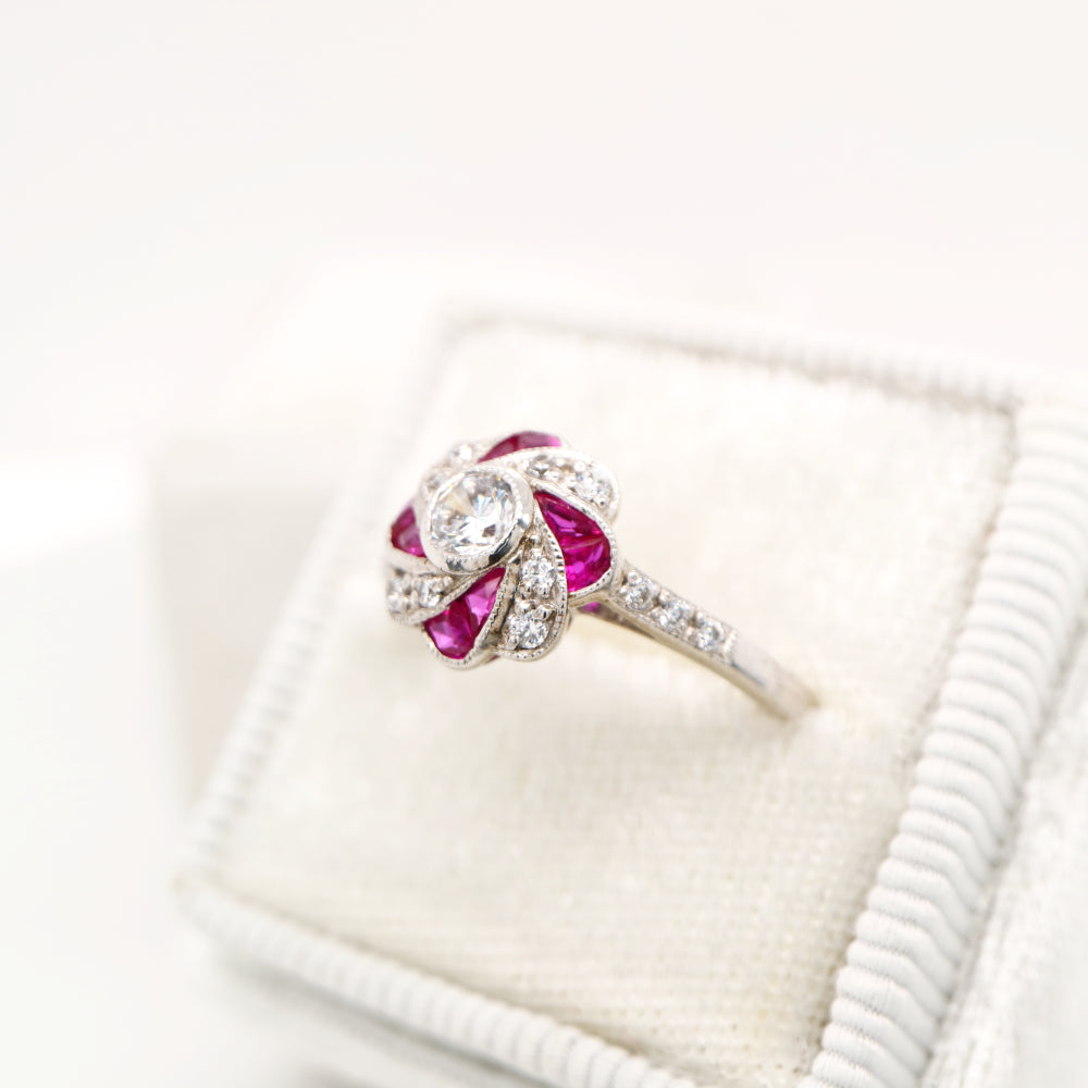 Vintage Pinwheel Ring in Sterling Silver, Ruby and CZ