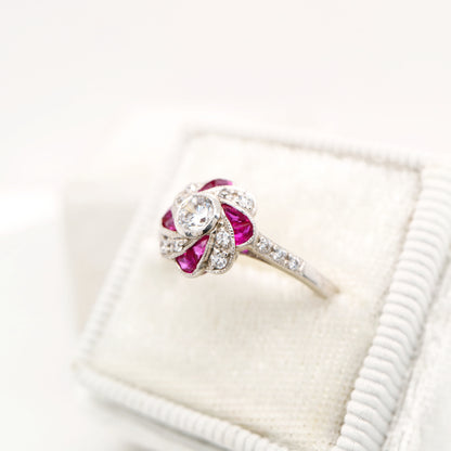Vintage Pinwheel Ring in Sterling Silver, Ruby and CZ