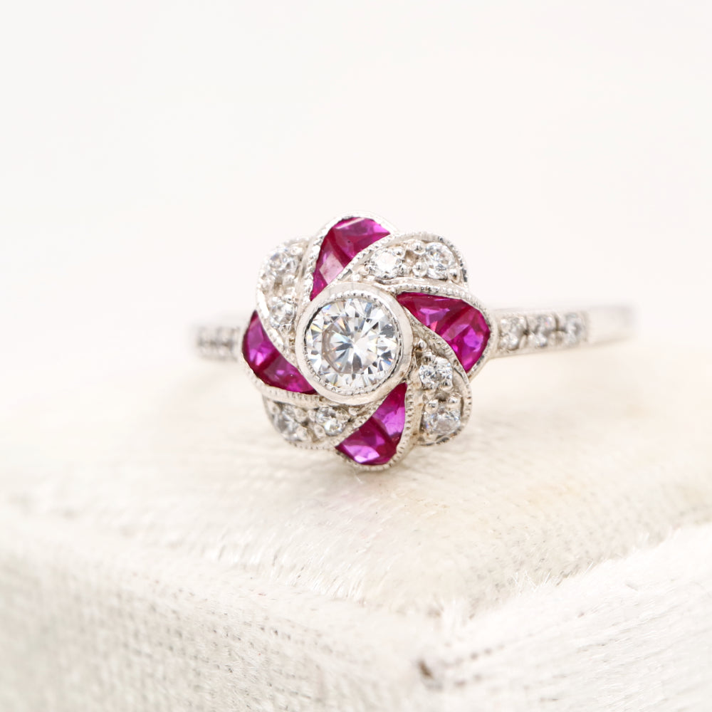 Vintage Pinwheel Ring in Sterling Silver, Ruby and CZ