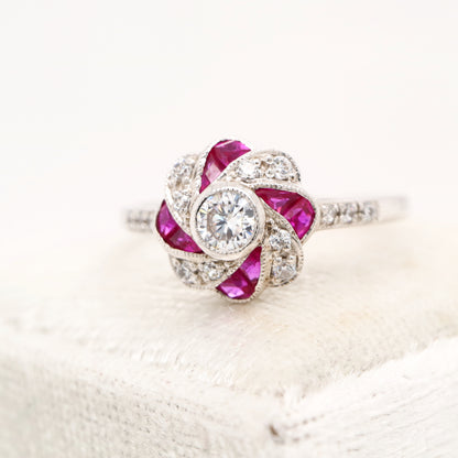 Vintage Pinwheel Ring in Sterling Silver, Ruby and CZ