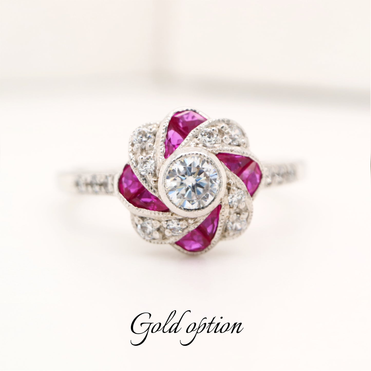 Vintage pinwheel white gold, ruby and diamond ring