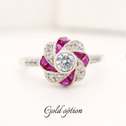 Vintage pinwheel white gold, ruby and diamond ring