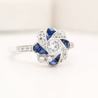 Vintage Pinwheel Ring in Sterling Silver, Sapphire and CZ