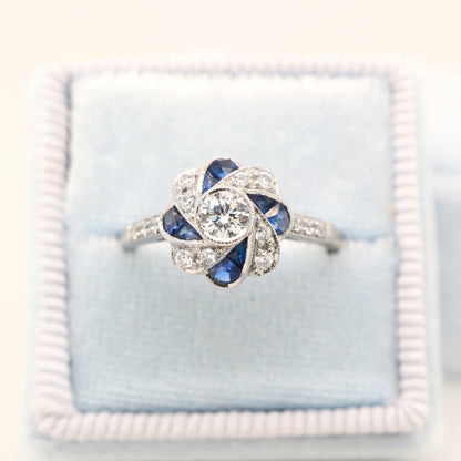 Vintage Pinwheel Ring in Sterling Silver, Sapphire and CZ