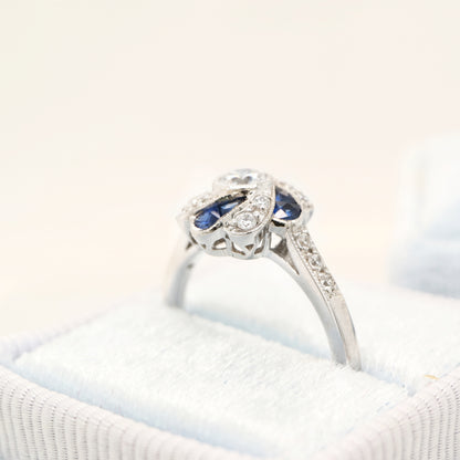 Vintage Pinwheel Ring in Sterling Silver, Sapphire and CZ
