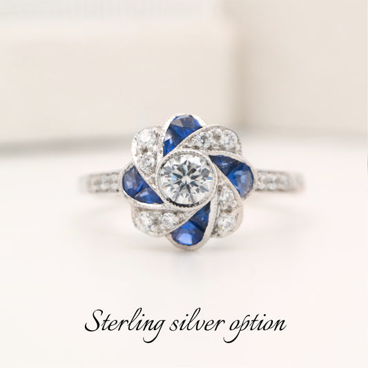 Vintage Pinwheel Ring in Sterling Silver, Sapphire and CZ