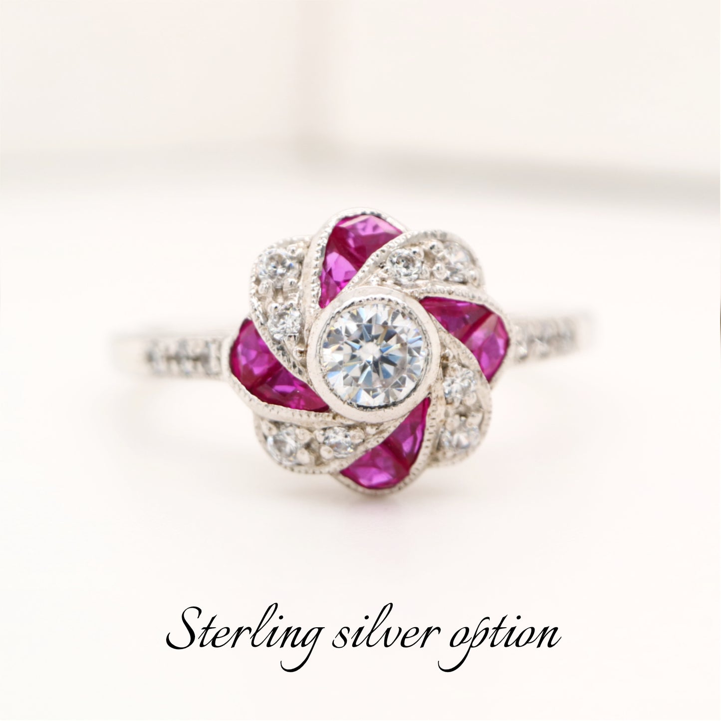 Vintage Pinwheel Ring in Sterling Silver, Ruby and CZ