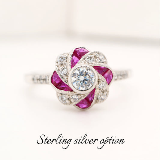 Vintage Pinwheel Ring in Sterling Silver, Ruby and CZ