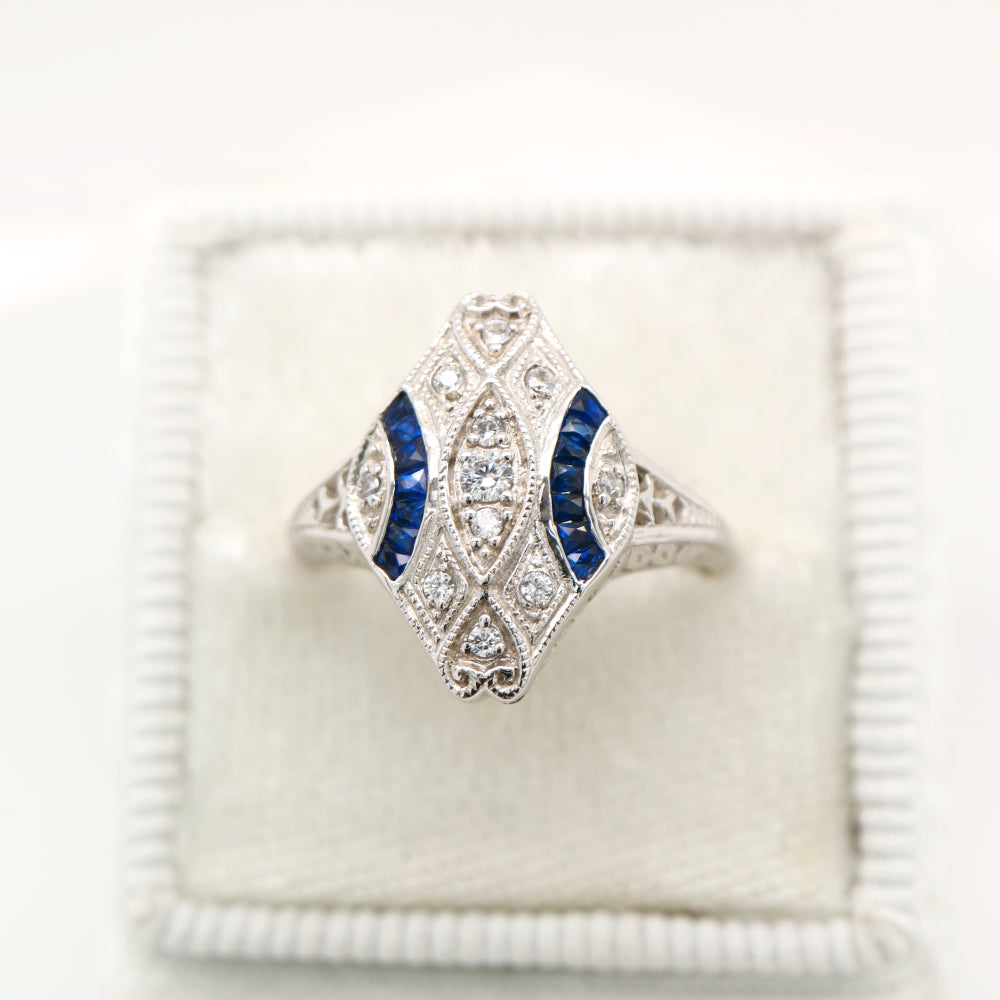 Art deco blue sapphire and white gold ring