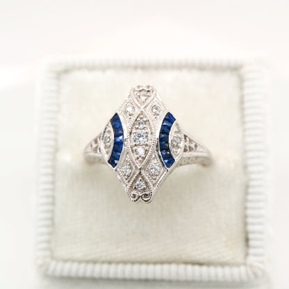 Art deco blue sapphire and white gold ring
