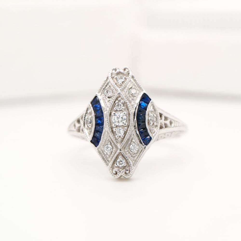 Art deco blue sapphire and white gold ring