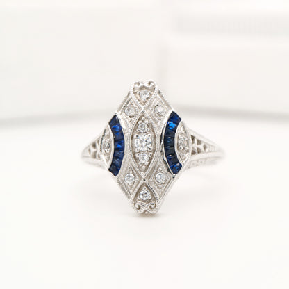 Art deco blue sapphire and white gold ring
