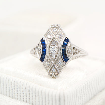 Art deco blue sapphire and white gold ring
