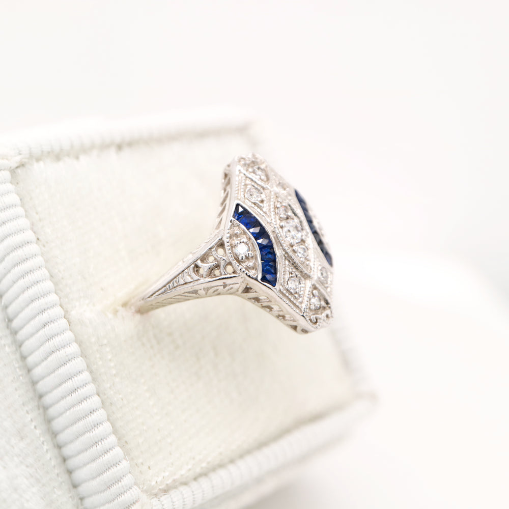 Art deco blue sapphire and white gold ring