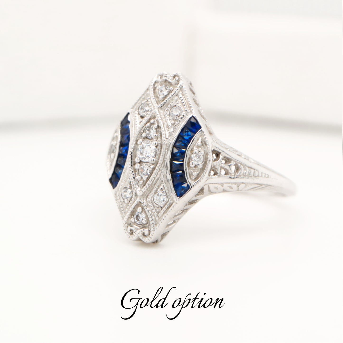 Art deco blue sapphire and white gold ring