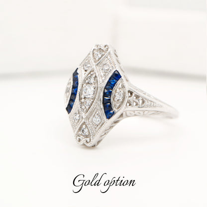 Art deco blue sapphire and white gold ring