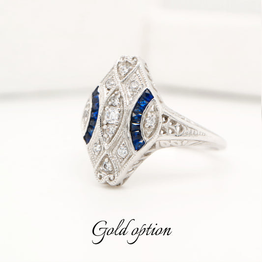 Art deco blue sapphire and white gold ring
