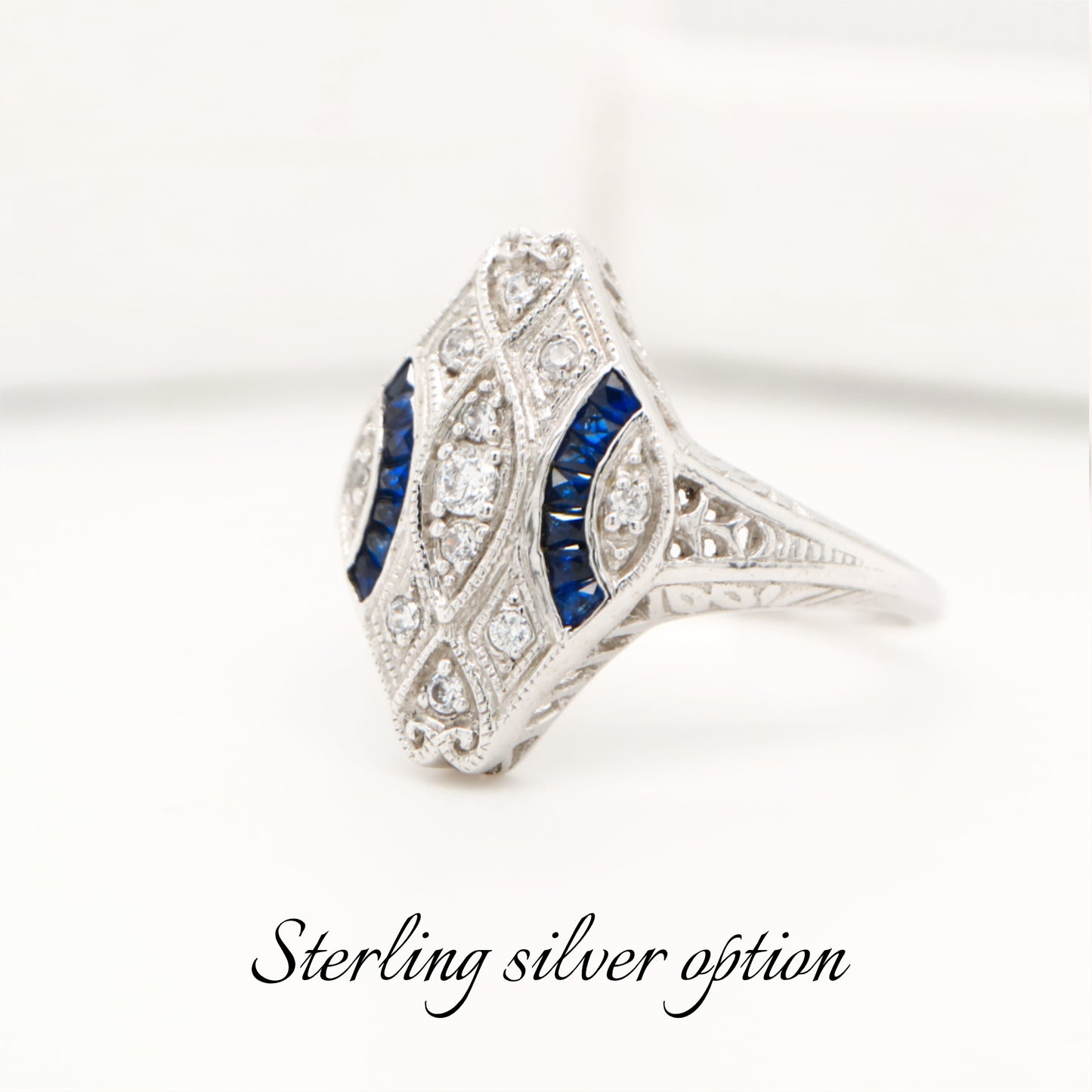 Art deco cz and laboratory grown sapphire ring in sterling silver