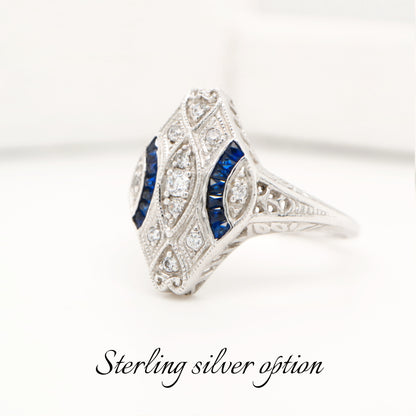 Art deco cz and laboratory grown sapphire ring in sterling silver