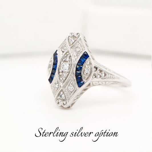 Art deco cz and laboratory grown sapphire ring in sterling silver