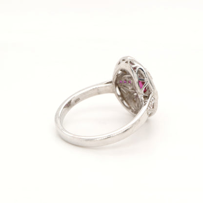 Art deco cross style ring in white gold and ruby with diamonds