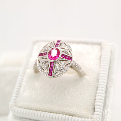Art deco cross style ring in white gold and ruby with diamonds