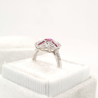 Art deco cross style ring in white gold and ruby with diamonds