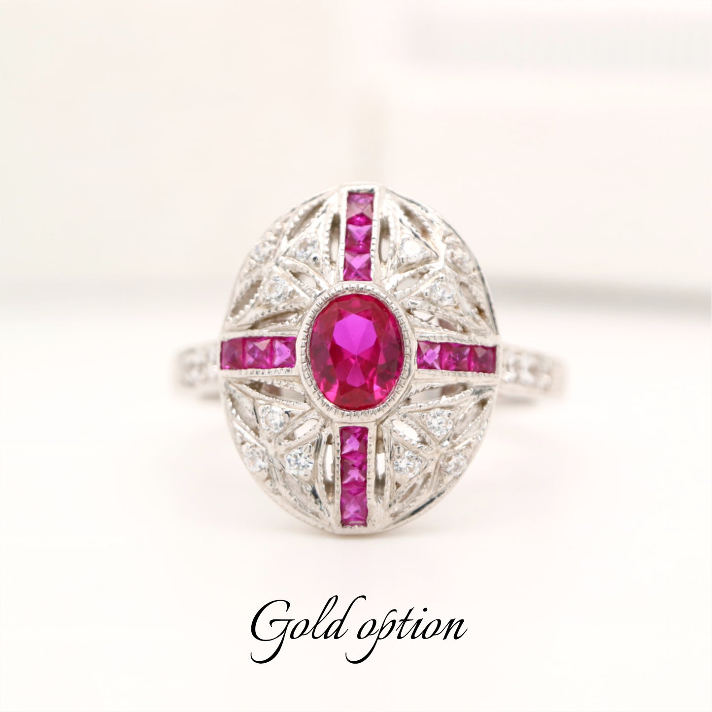 Art deco cross style ring in white gold and ruby with diamonds