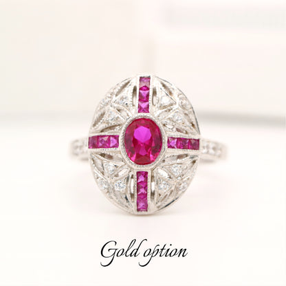 Art deco cross style ring in white gold and ruby with diamonds