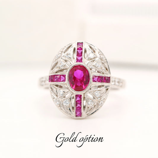 Art deco cross style ring in white gold and ruby with diamonds