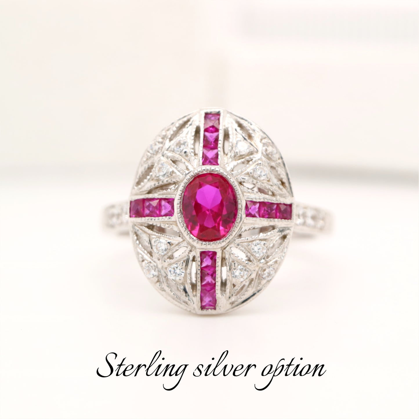 Art deco cross style ring with laboratory grown ruby in sterling silver