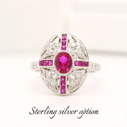 Art deco cross style ring with laboratory grown ruby in sterling silver
