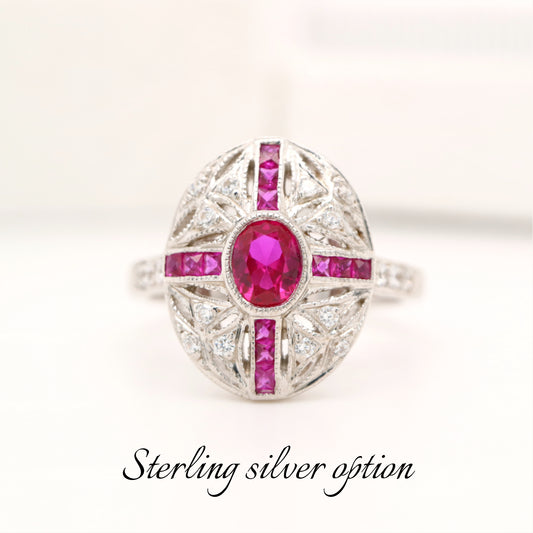 Art deco cross style ring with laboratory grown ruby in sterling silver