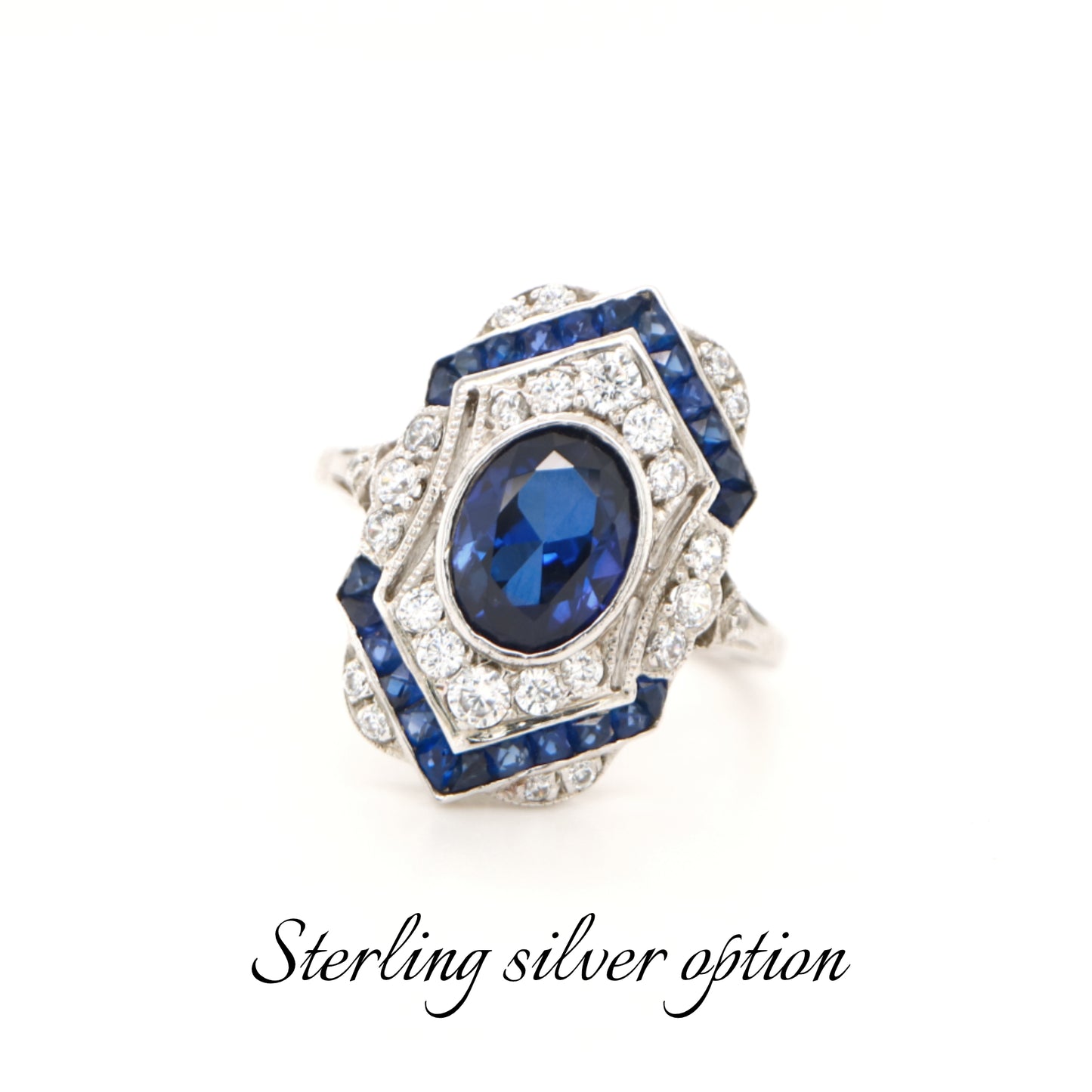 Vintage shield ring in with Verneuil sapphire in sterling silver