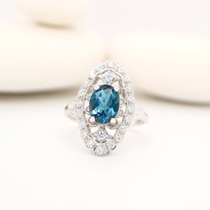 London blue topaz and CZ cocktail shield ring in Sterling Silver
