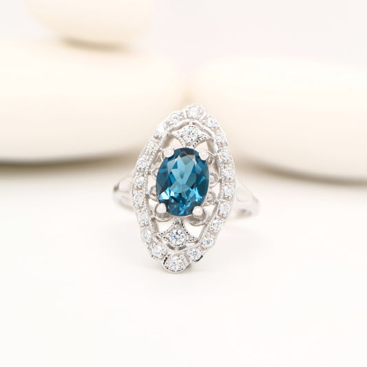 London blue topaz and CZ cocktail shield ring in Sterling Silver