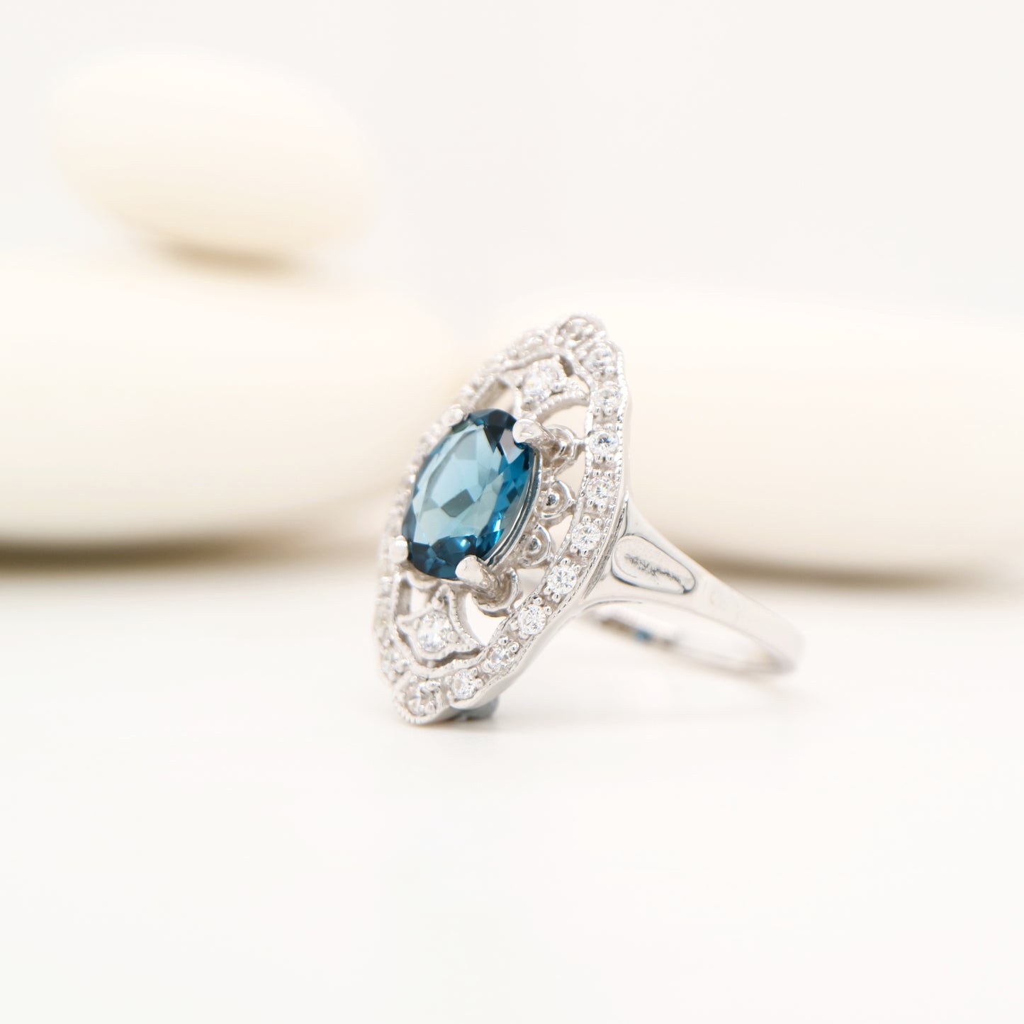 London blue topaz and CZ cocktail shield ring in Sterling Silver
